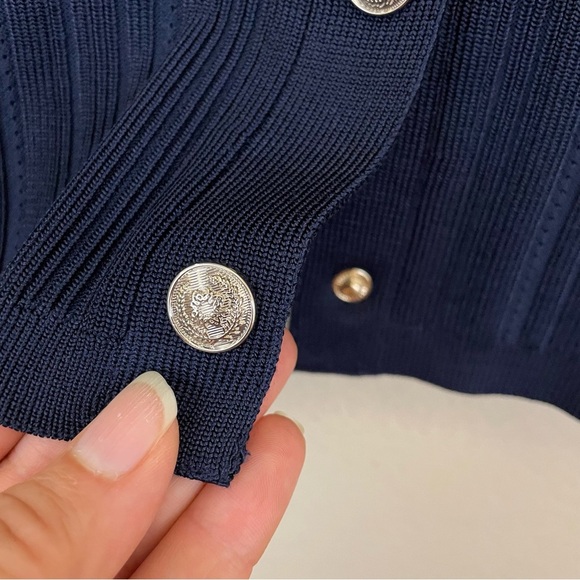 White House Black Market Navy Slinky Long Sleeve Snap Front Cardigan Size M - Picture 9 of 14